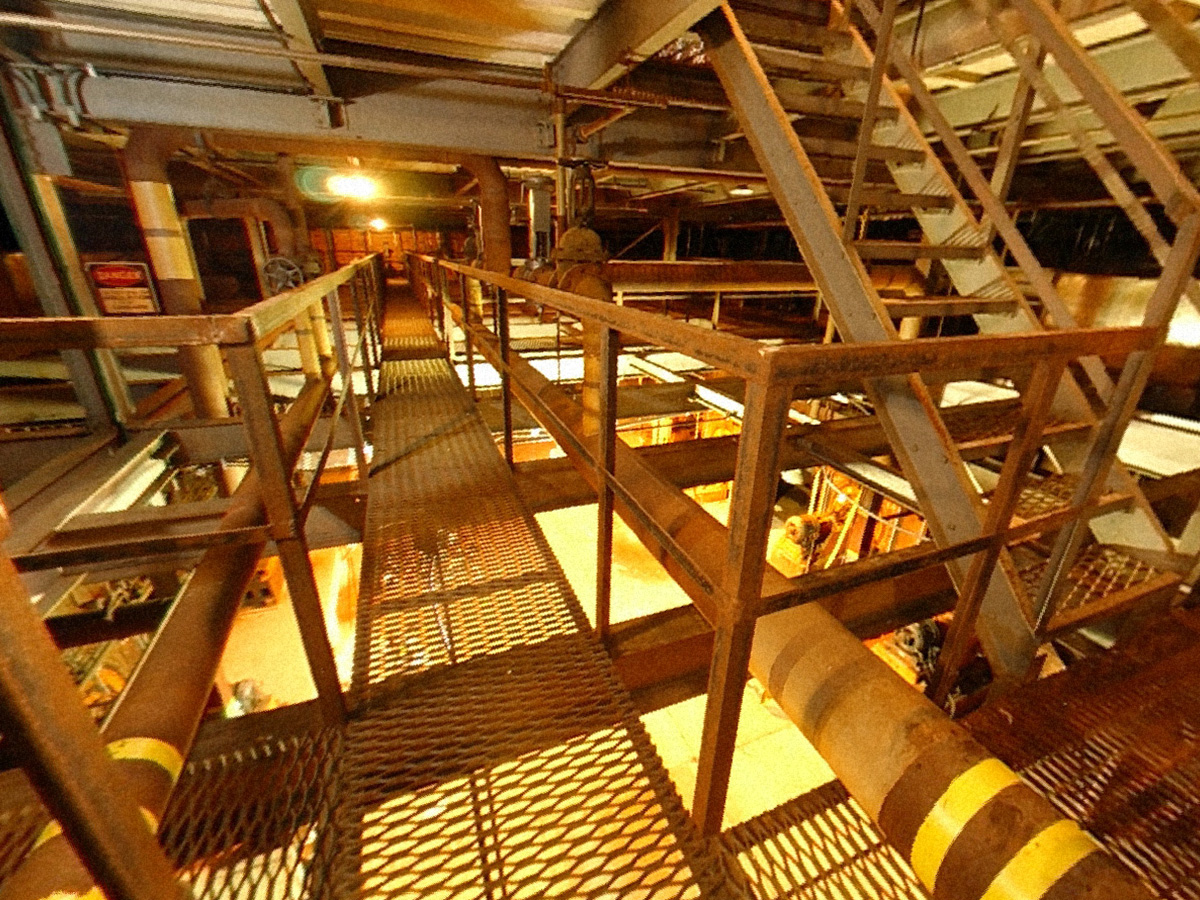 K-25 Pipe Gallery catwalk with Withdrawal Alley below and stairs to Operating Floor